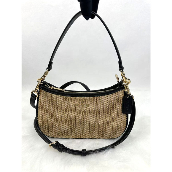 COACH Teri Shoulder Crossbody Bag 2way In Toast Black Straw Leather CAL90 NWT - Picture 1 of 12